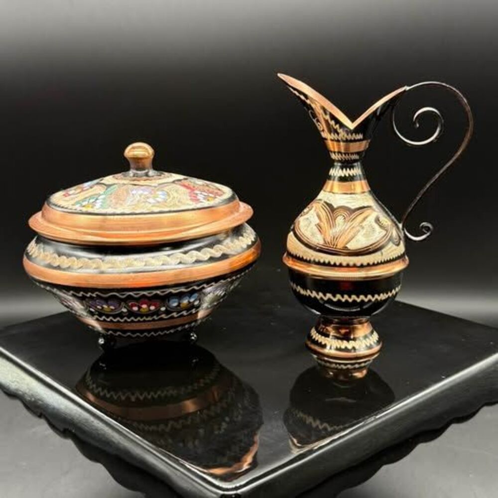 Vintage Copper Enamel Ewer Pitcher & Lidded Bowl Set Hand Etched Floral Decor